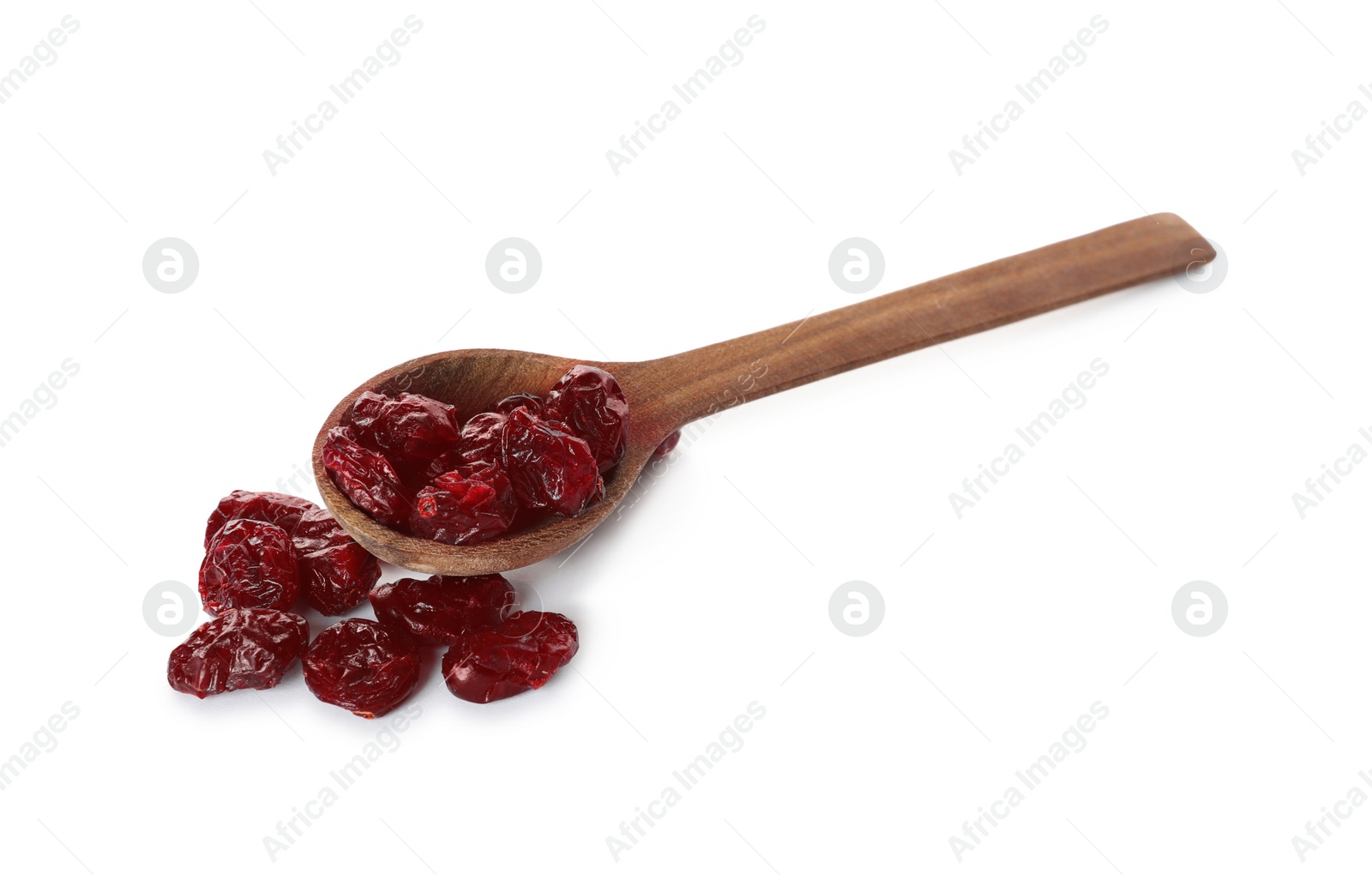 Photo of Dried cranberries and wooden spoon on white background
