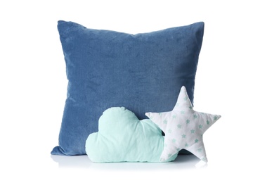 Soft decorative pillows on white background