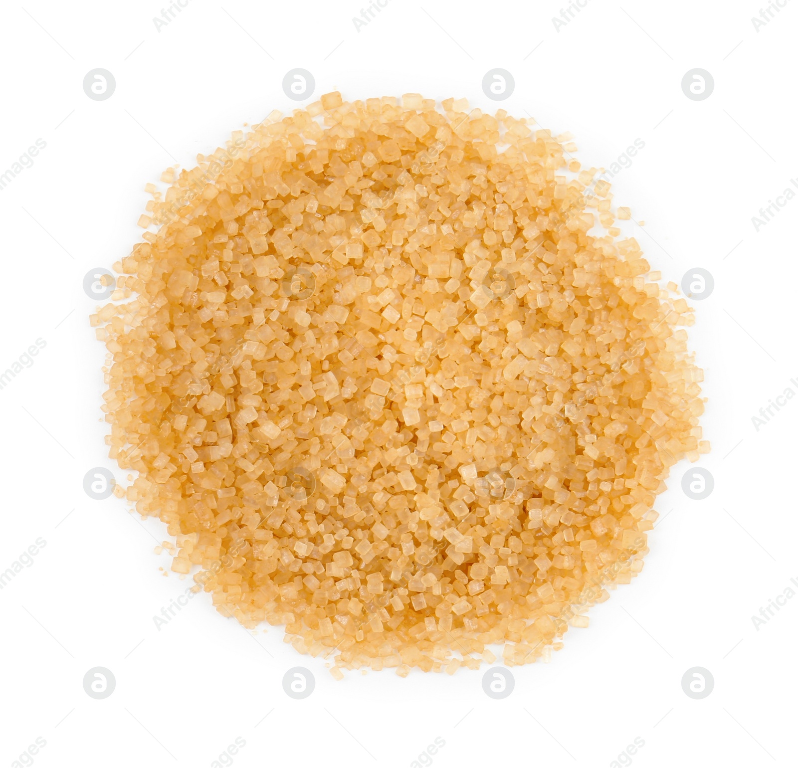 Photo of Pile of brown sugar isolated on white, top view