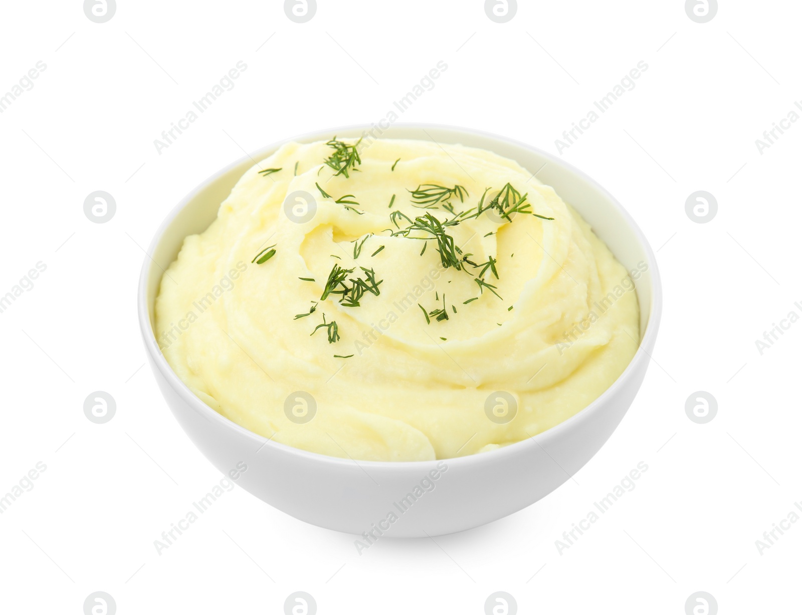 Photo of Bowl with freshly cooked homemade mashed potatoes isolated on white