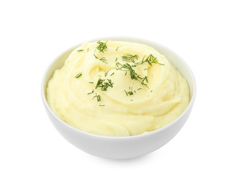 Bowl with freshly cooked homemade mashed potatoes isolated on white