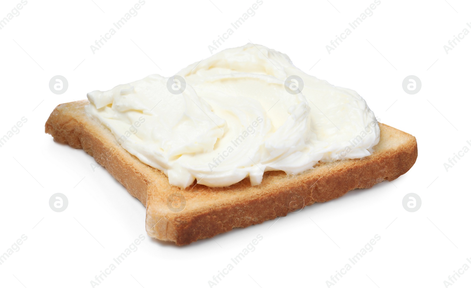 Photo of Slice of bread with tasty cream cheese isolated on white