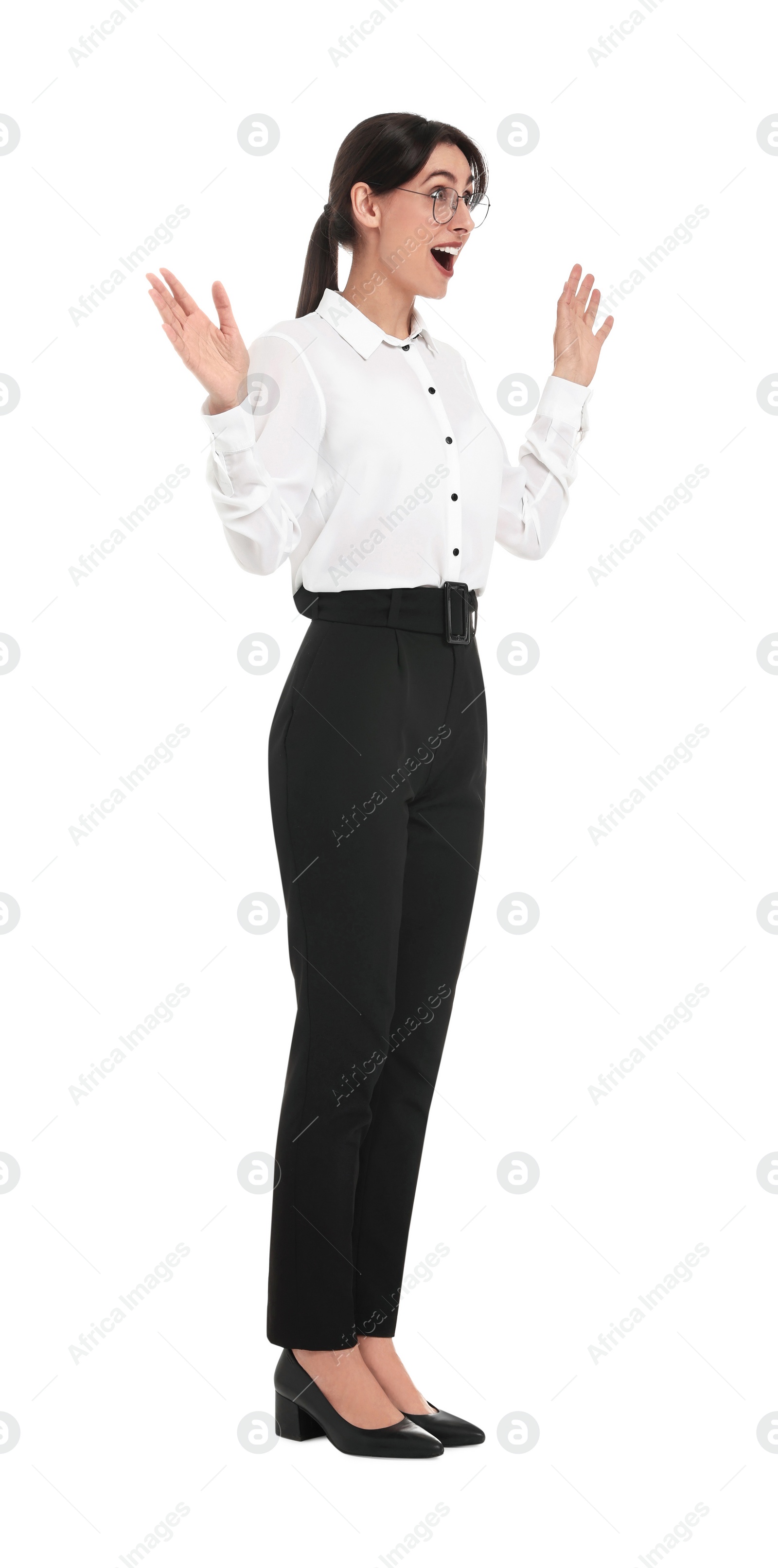 Photo of Surprised businesswoman greeting someone on white background