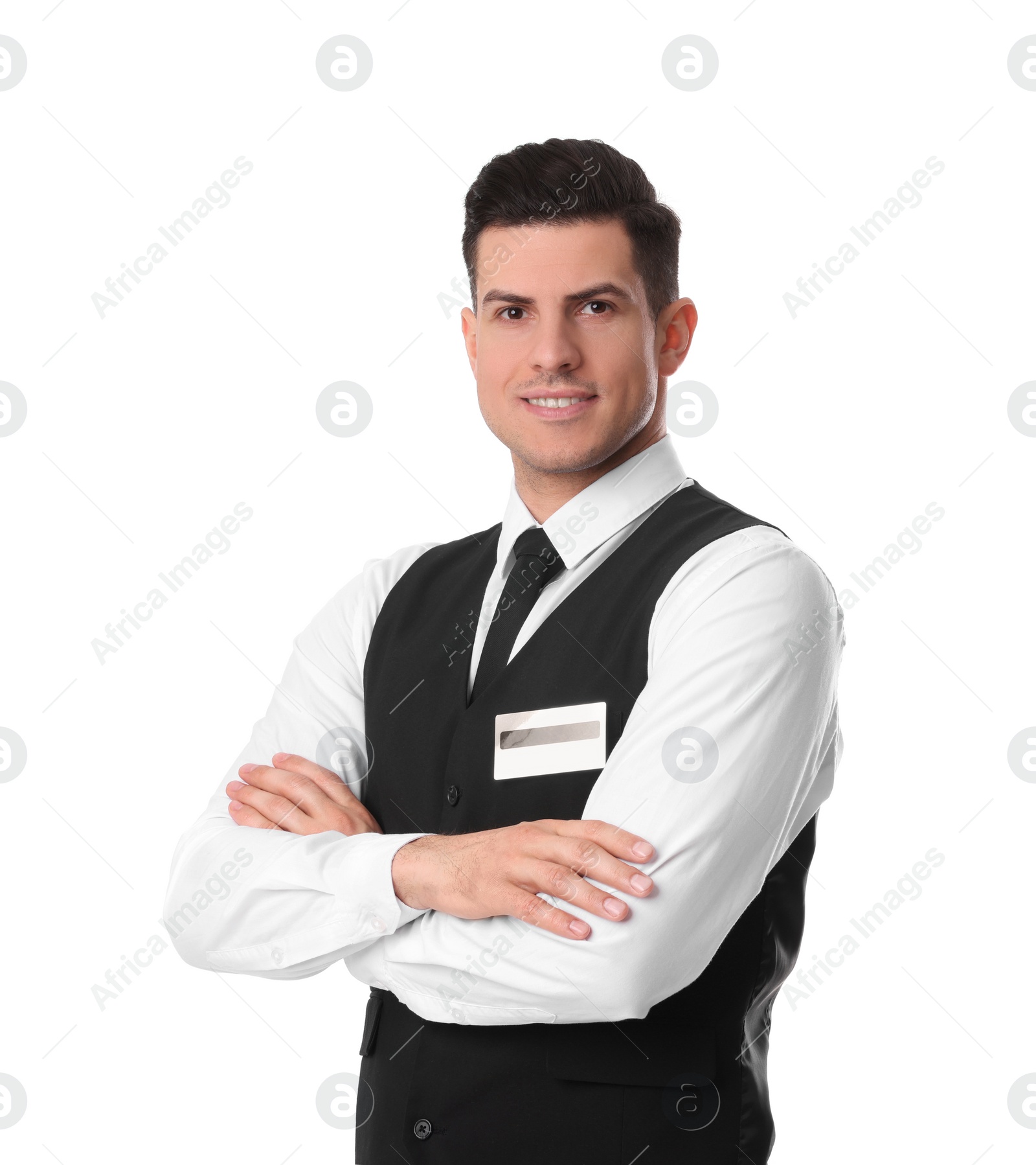 Photo of Portrait of happy receptionist in uniform on white background