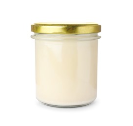 Photo of Glass jar of delicious mayonnaise isolated on white