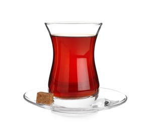 Photo of Glass with traditional Turkish tea isolated on white