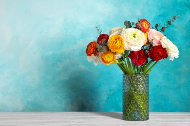 Photo of Vase with beautiful ranunculus flowers on table against color background, space for text