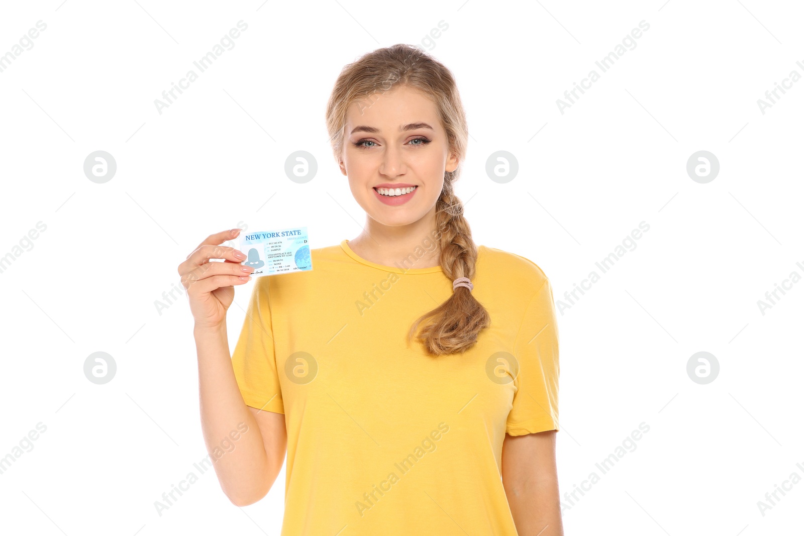 Photo of Happy young woman with driving license on white background