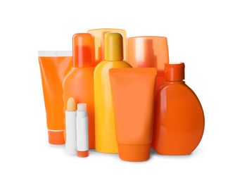Photo of Sun protection cosmetic products on white background
