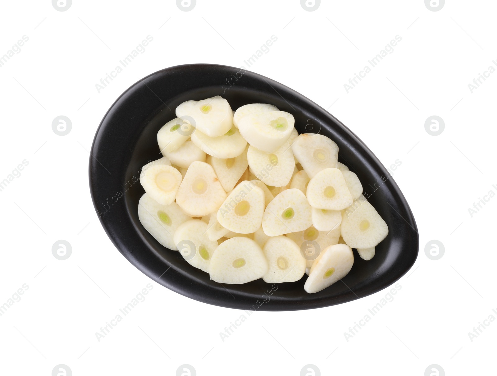 Photo of Pieces of fresh garlic in bowl isolated on white, top view