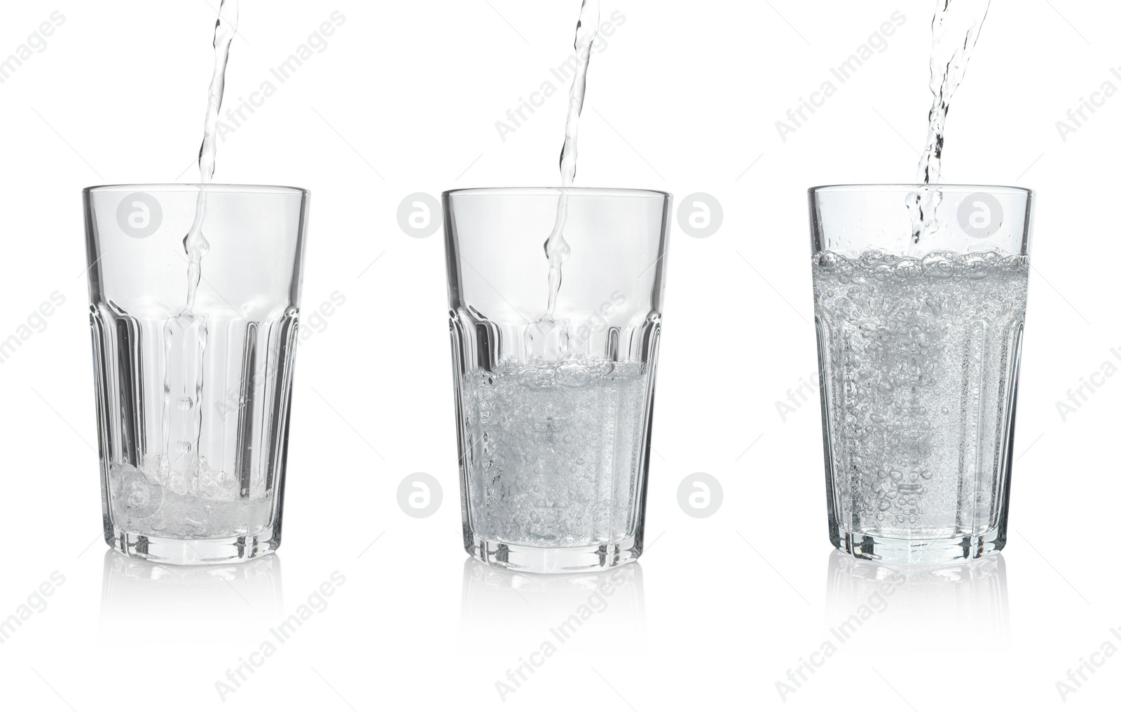 Image of Pouring soda water into glasses on white background, collage
