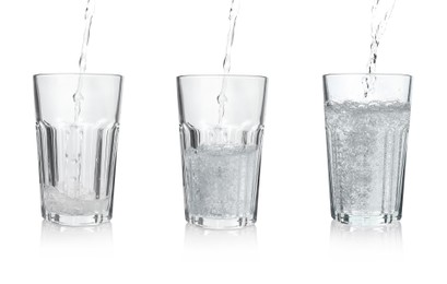 Image of Pouring soda water into glasses on white background, collage