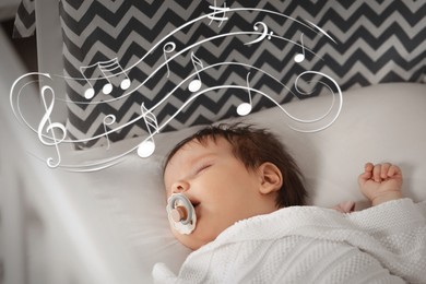 Image of Lullaby songs. Cute little baby sleeping at home. Illustration of flying music notes over child