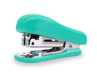 Photo of One new turquoise stapler isolated on white