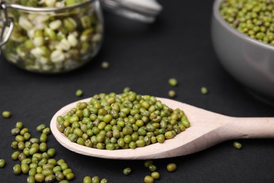 Photo of Different dishware with green mung beans on black background, closeup