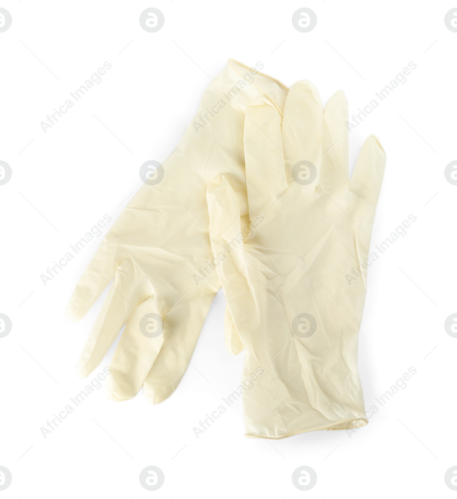 Photo of Pair of medical gloves isolated on white, top view