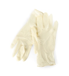 Photo of Pair of medical gloves isolated on white, top view