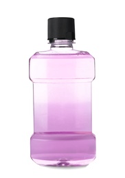 Photo of Bottle with mouthwash for teeth care on white background