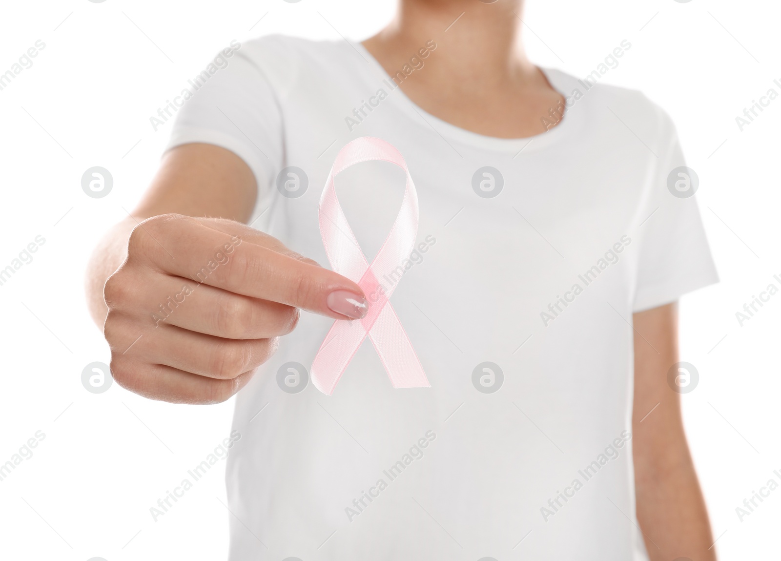 Photo of Woman holding pink ribbon on white background, closeup. Breast cancer awareness