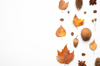 Flat lay composition with autumn leaves and space for text on white background