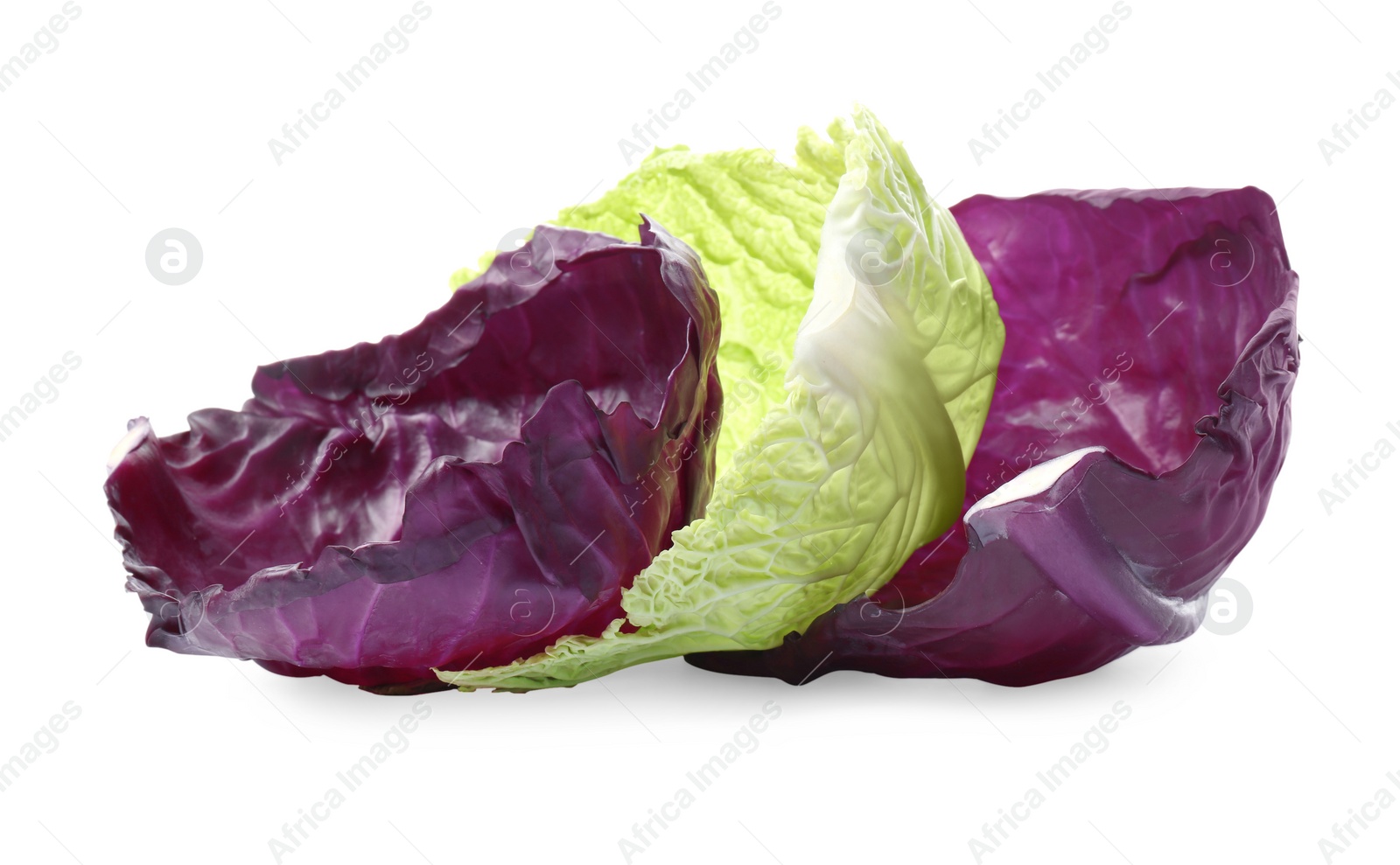 Photo of Different fresh cabbage leaves on white background