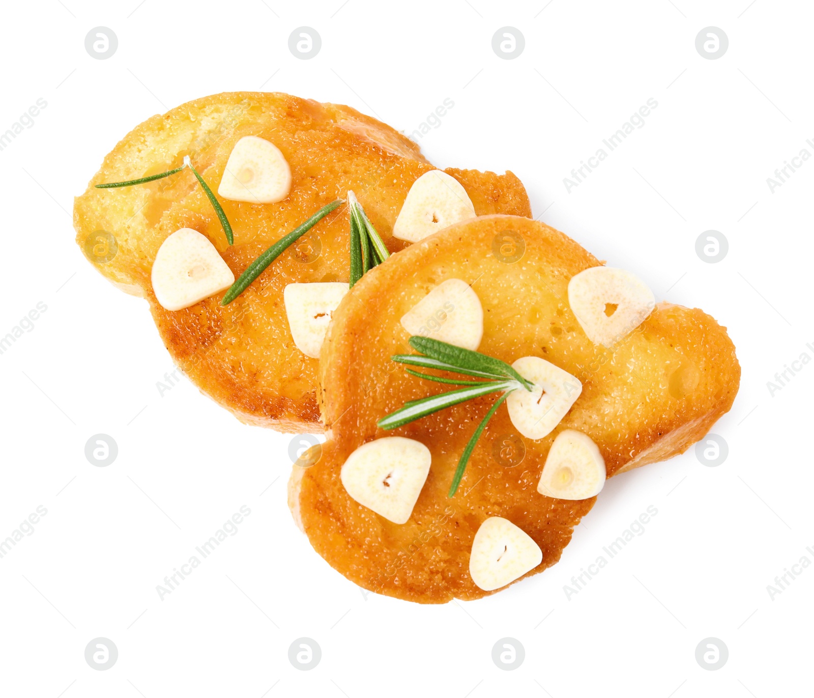 Photo of Slices of tasty garlic bread with rosemary isolated on white