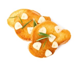 Photo of Slices of tasty garlic bread with rosemary isolated on white