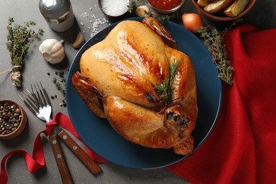 Photo of Flat lay composition with cooked turkey on table