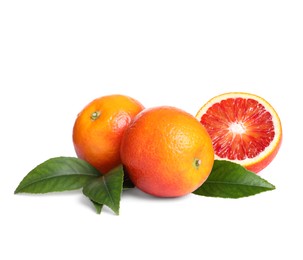 Delicious ripe red oranges on white background