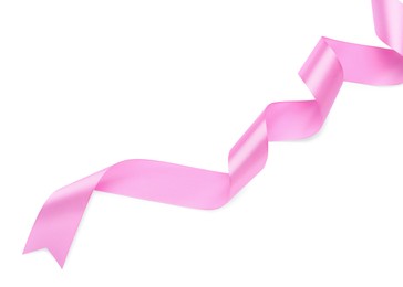 Photo of Beautiful pink ribbon isolated on white, top view