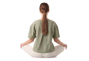 Photo of Young woman meditating on white background, back view