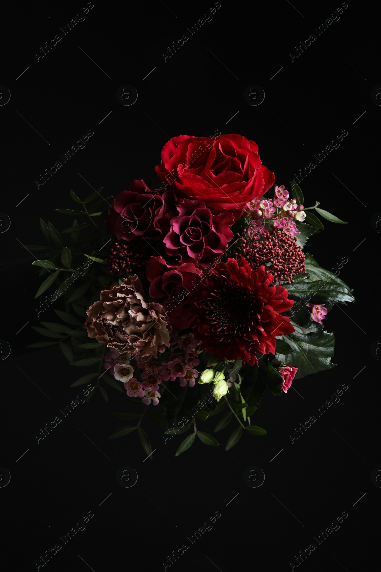 Photo of Beautiful bouquet of fresh flowers on dark background