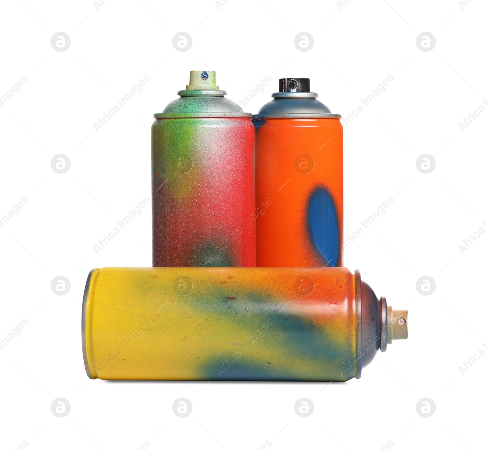 Photo of Used cans of spray paints on white background