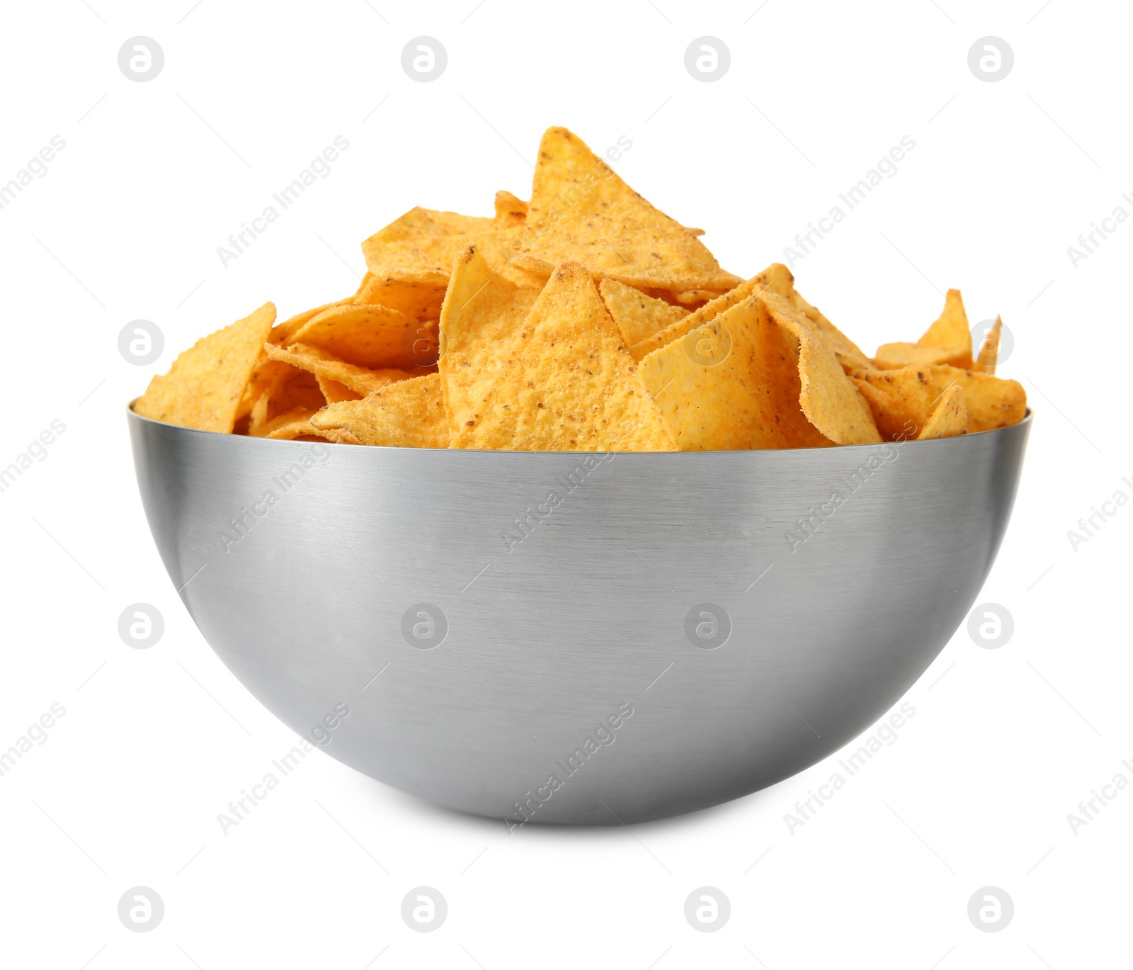 Photo of Metal bowl of Mexican nachos chips on white background