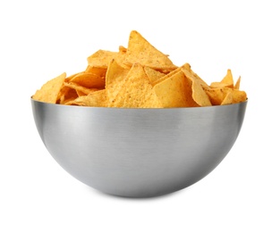 Metal bowl of Mexican nachos chips on white background