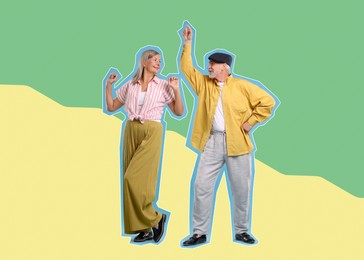 Image of Pop art poster. Couple dancing on bright background, pin up style