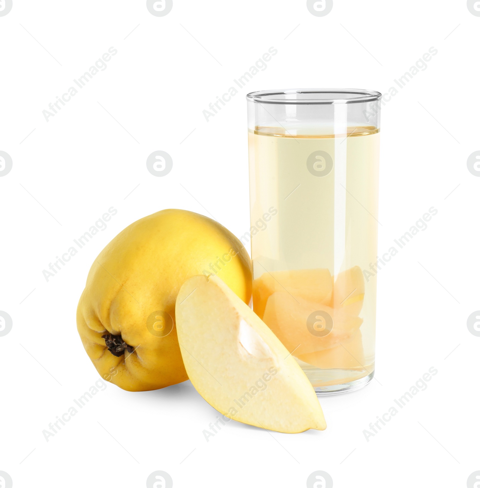 Photo of Delicious quince drink in glass and fresh fruits isolated on white