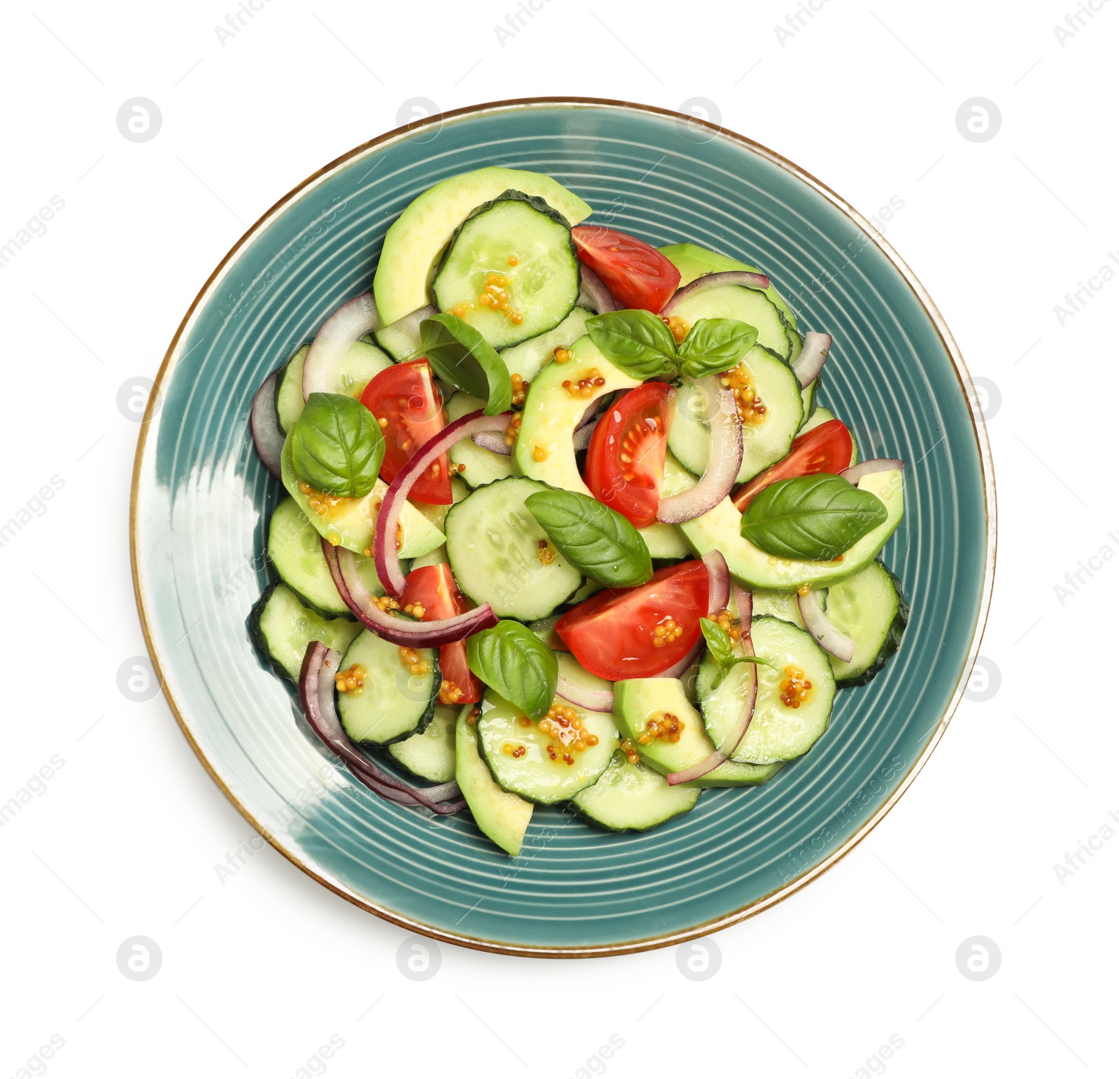 Photo of Delicious salad with cucumbers isolated on white, top view