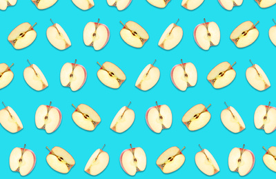 Image of Pattern of cut apples on blue background