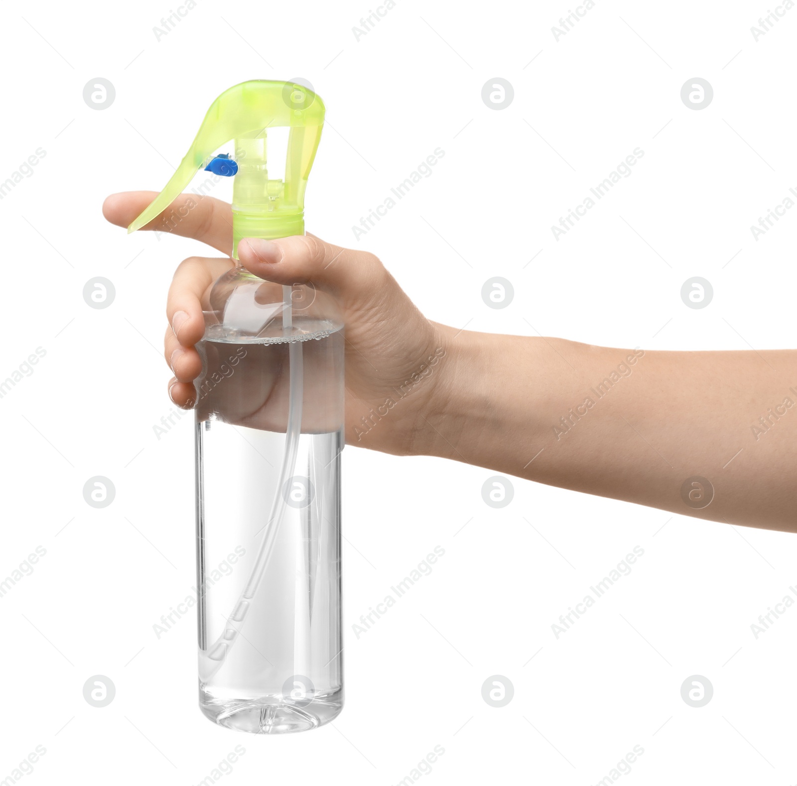 Photo of Woman holding spray air freshener on white background