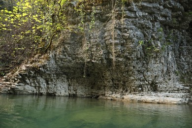 Photo of Picturesque view of clean river near cliffs and plants outdoors
