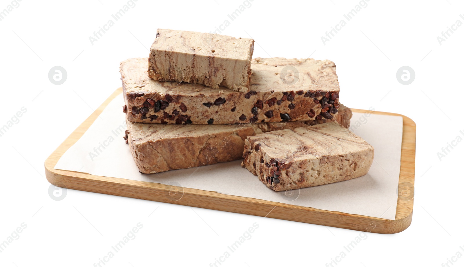 Photo of Pieces of tasty chocolate halva isolated on white