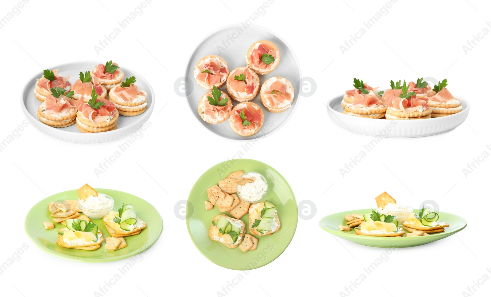 Image of Delicious crackers with different toppings isolated on white, top and side views