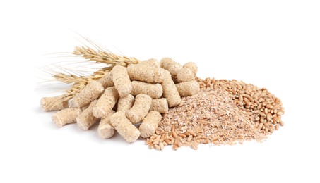 Different types of wheat bran on white background