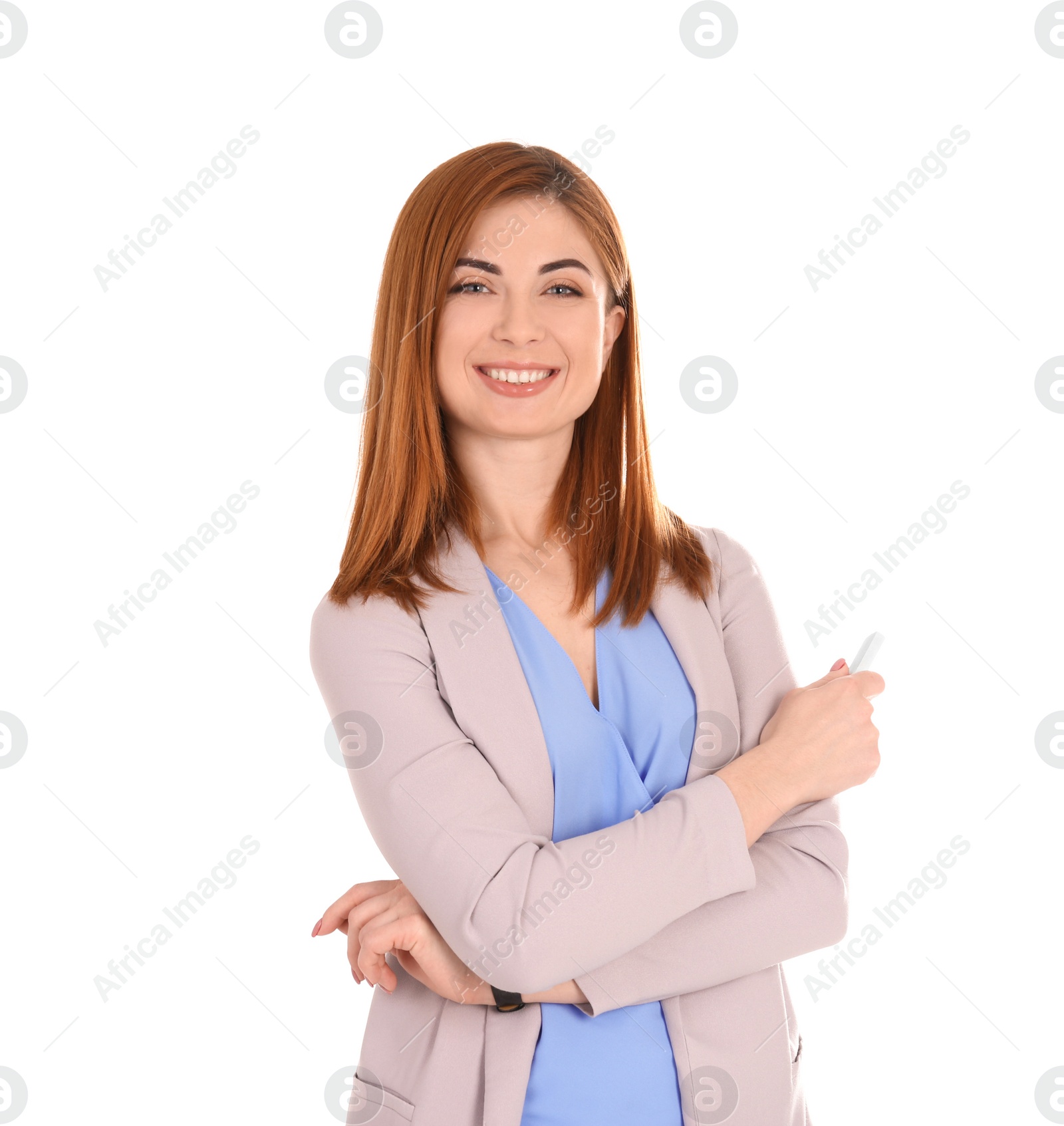 Photo of Beautiful young teacher with chalk on white background