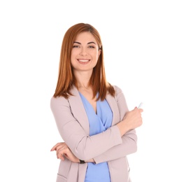 Photo of Beautiful young teacher with chalk on white background