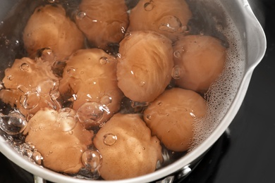 Cooking chicken eggs in pot on electric stove, closeup view