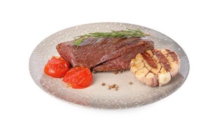 Photo of Delicious grilled beef steak with tomatoes and spices isolated on white