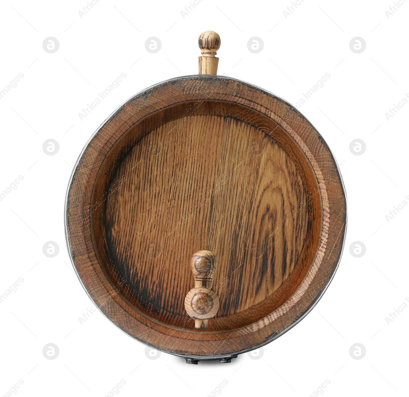 Photo of One wooden with tap barrel isolated on white