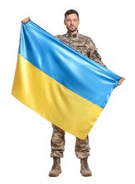 Photo of Soldier in military uniform with Ukrainian flag on white background